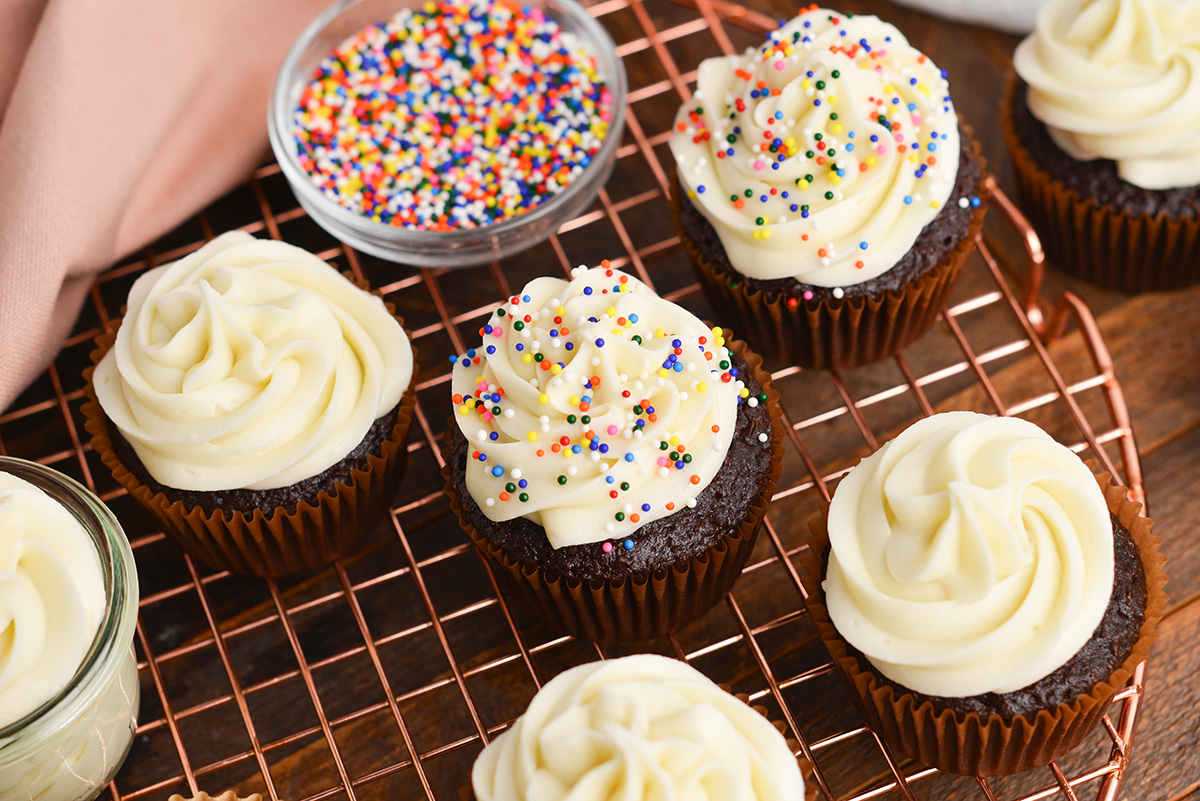 angled shot of frosted chocolate cupcakes with sprinkles