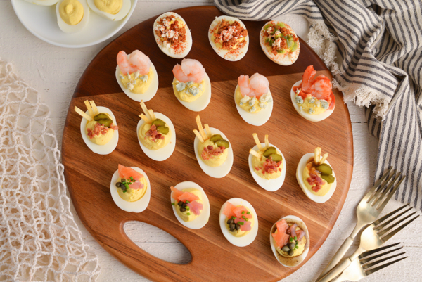 overhead clean of deviled eggs on wood board