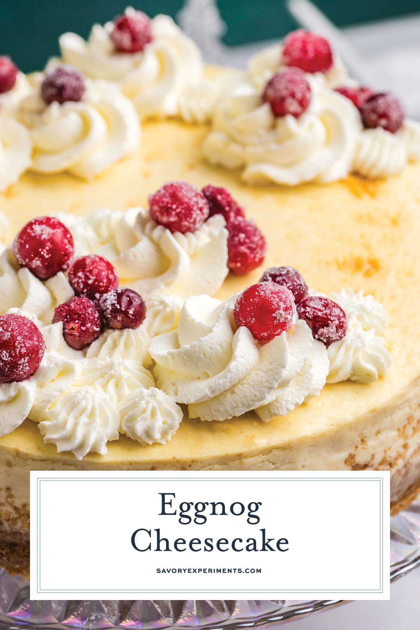 angled shot of eggnog cheesecake with text overlay