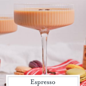 straight on shot of espresso martini with text overlay