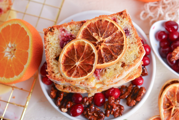 overhead shot of stack of cranberry bread slices