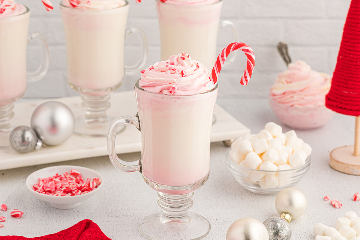 straight on shot of white hot chocolate topped with whipped cream with candy cane