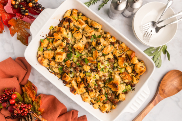 overhead shot of baked sausage stuffing