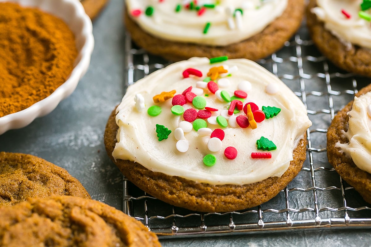 close up angled shot of gingerbread cookie on cooling rack