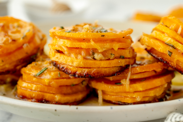 straight on shot of pile of sliced sweet potatoes