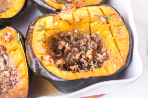 close up angled shot of baked acorn squash