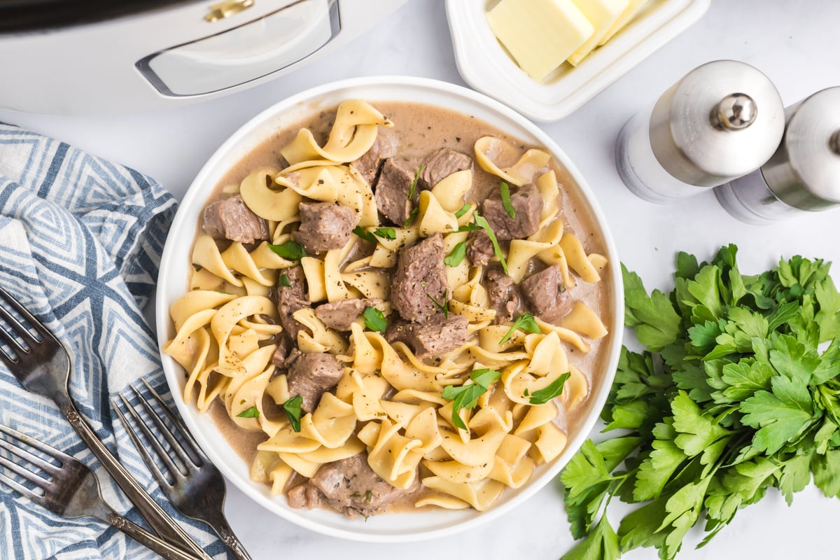 overhead shot of plate of crock pot beef and noodles