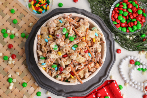 overhead shot of bowl of reindeer munch