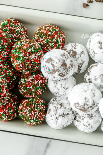 overhead shot of tray of fireball chocolate truffles