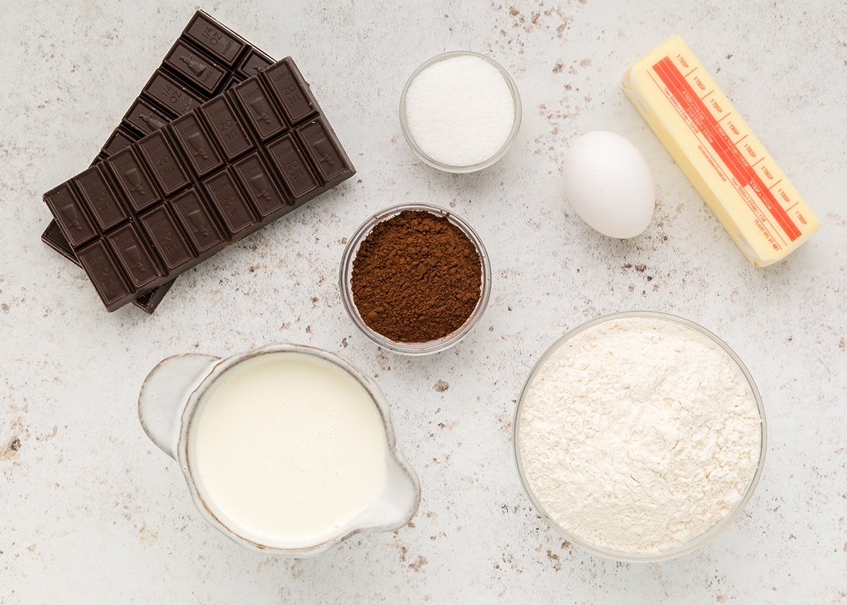 overhead shot of chocolate tartlets ingredients