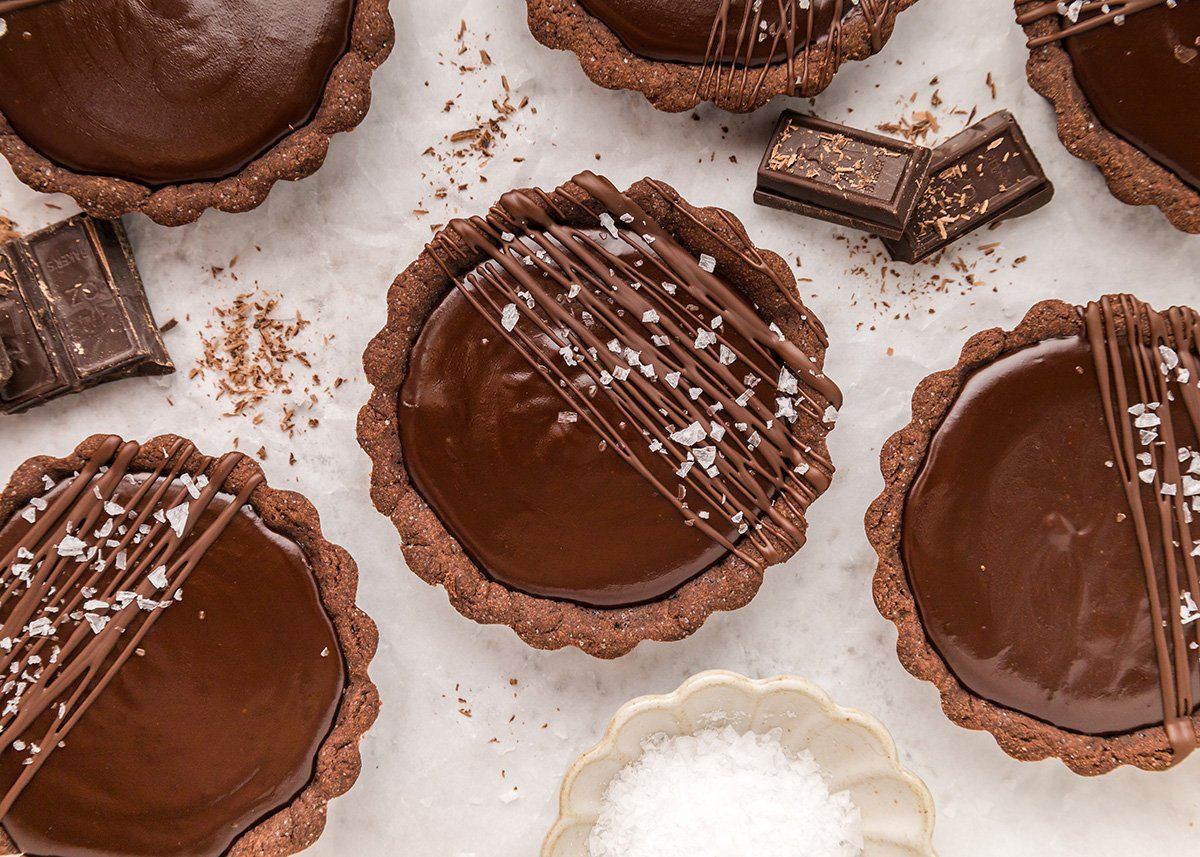 close up overhead shot of chocolate tartlets