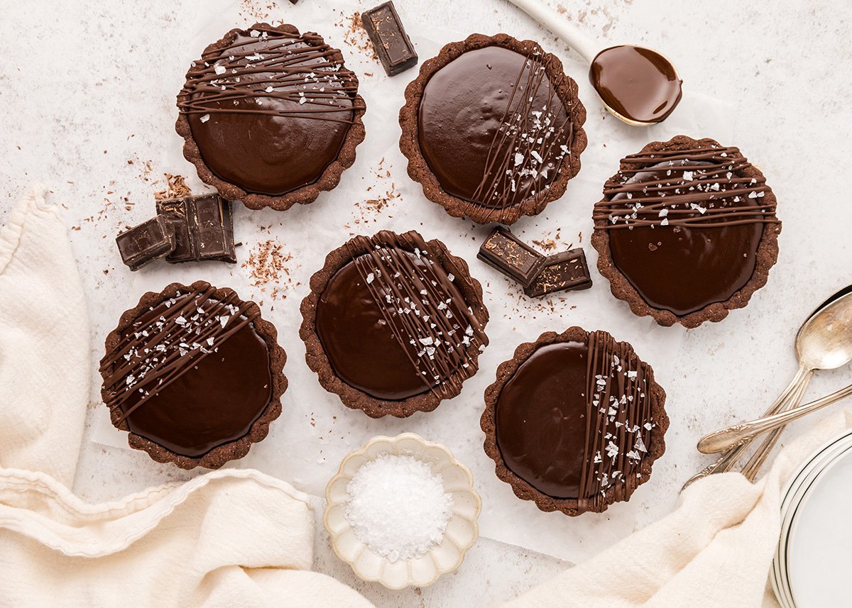 overhead shot of chocolate tartlets