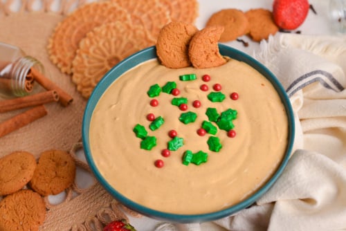 angled shot of bowl of gingerbread cake dip topped with sprinkles