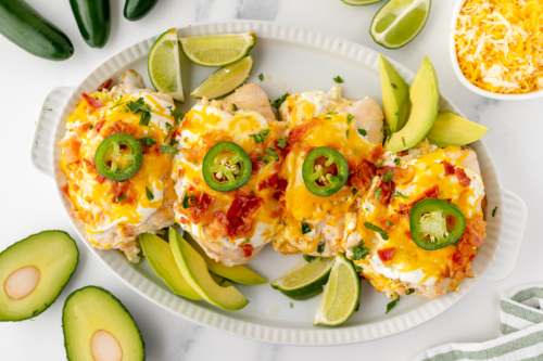 overhead shot of platter of jalapeno popper chicken