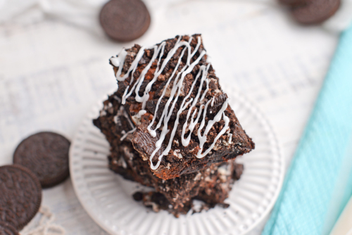 overhead shot of stack of oreo brownies