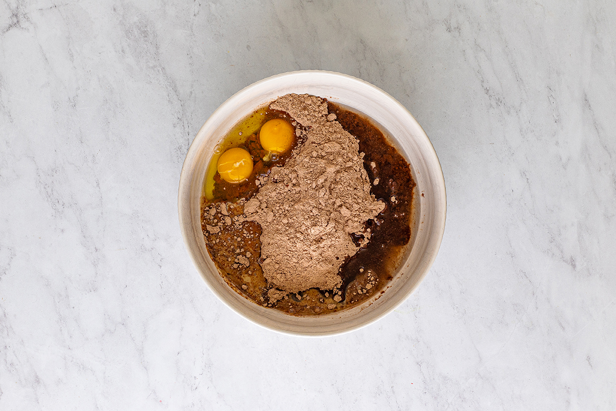 overhead shot of bowl of bailey's brownies ingredients