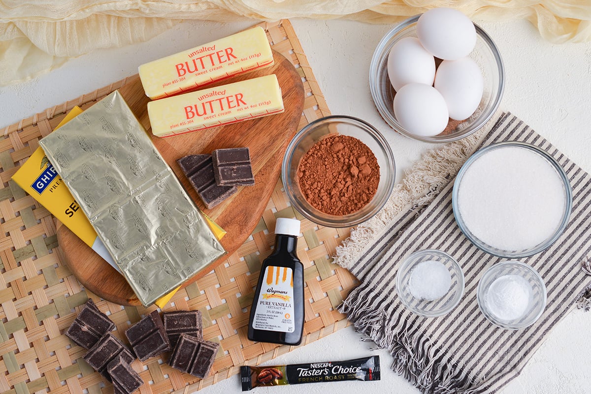 overhead shot of chocolate stout cake ingredients