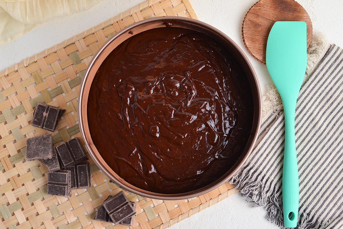 chocolate cake batter in cake pan
