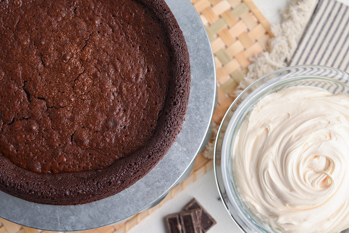 overhead shot of chocolate stout cake with bowl of icing