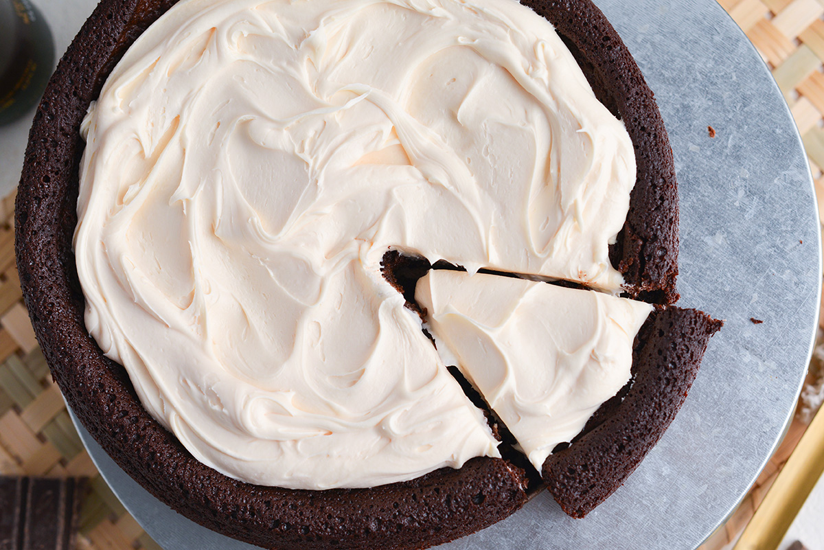 overhead shot of sliced chocolate stout cake