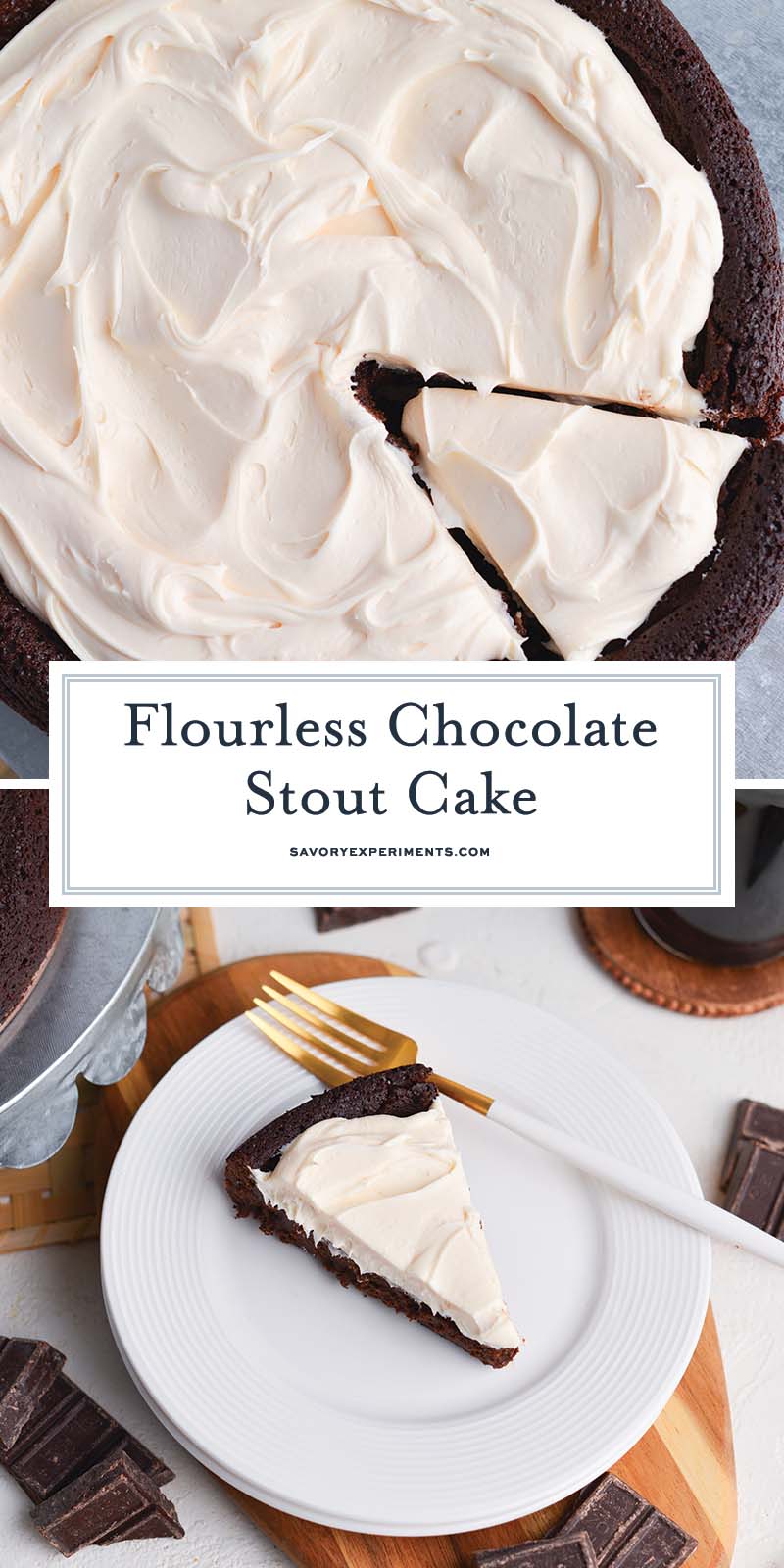collage of flourless chocolate stout cake