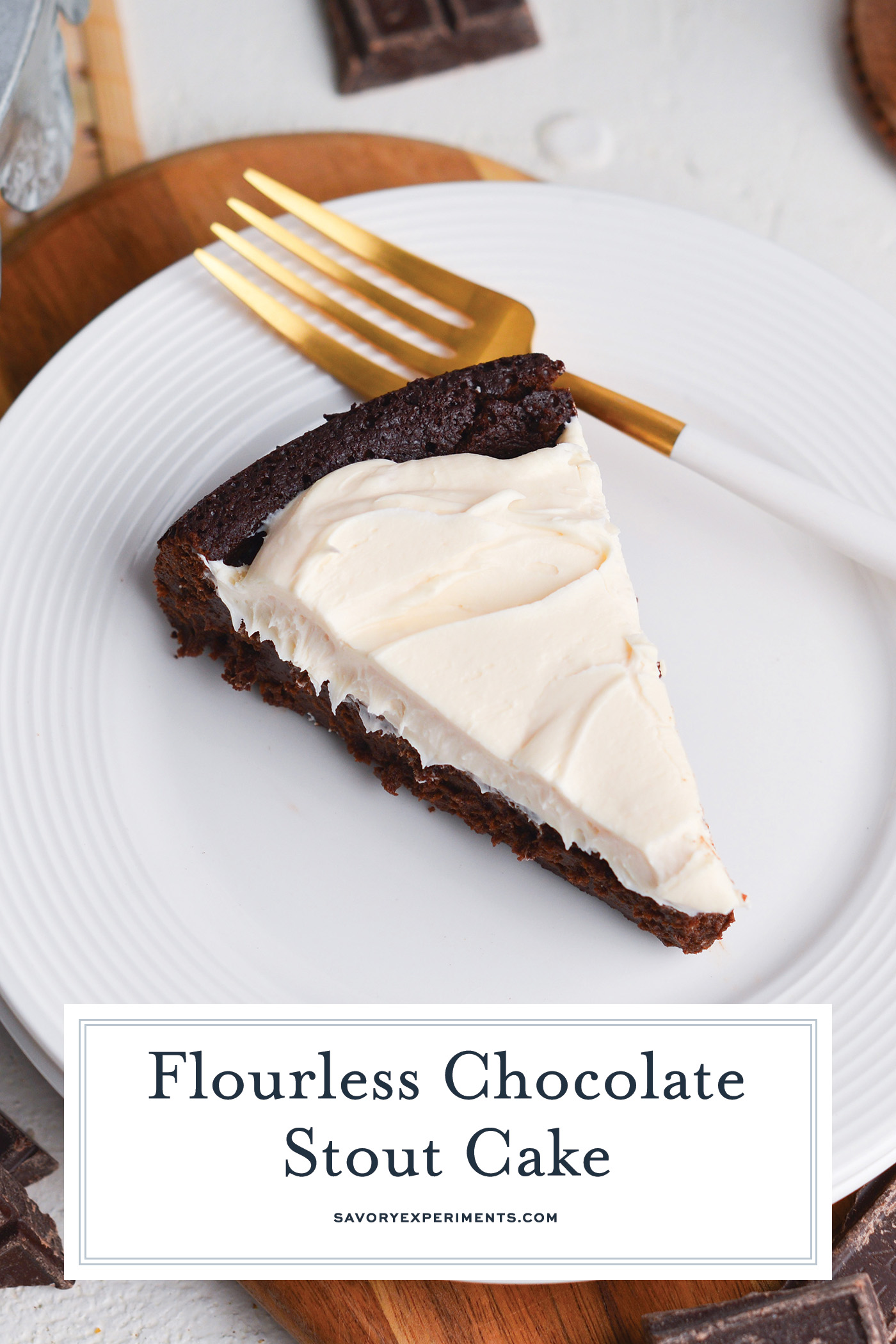 slice of flourless chocolate stout cake on plate with text overlay