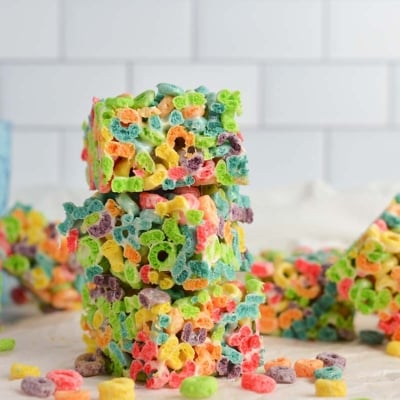 straight on shot of stack of fruit loop cereal bars