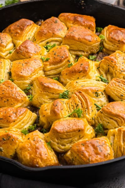 angled shot of skillet of beef pot pie