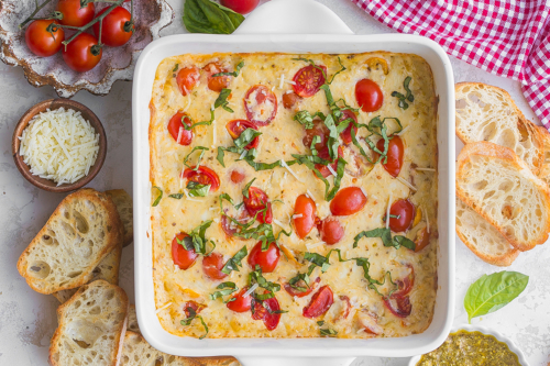 overhead shot of baked caprese dip