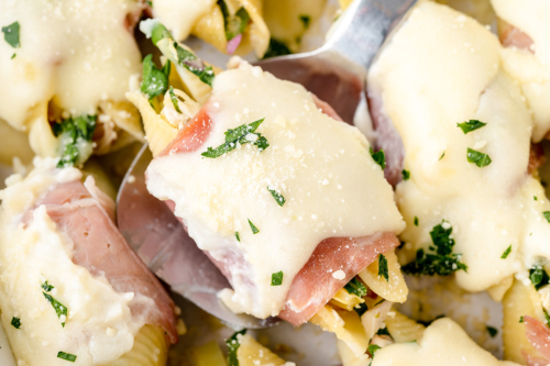 overhead shot of chicken stuffed shell on serving spoon
