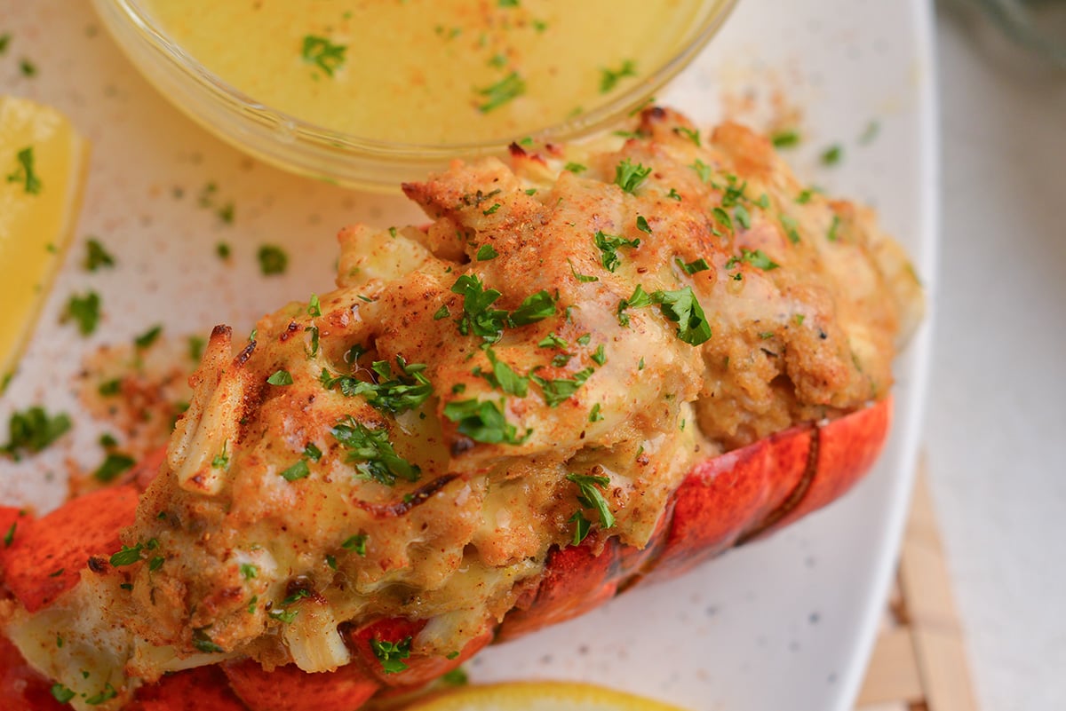 close up overhead shot of stuffed lobster tail