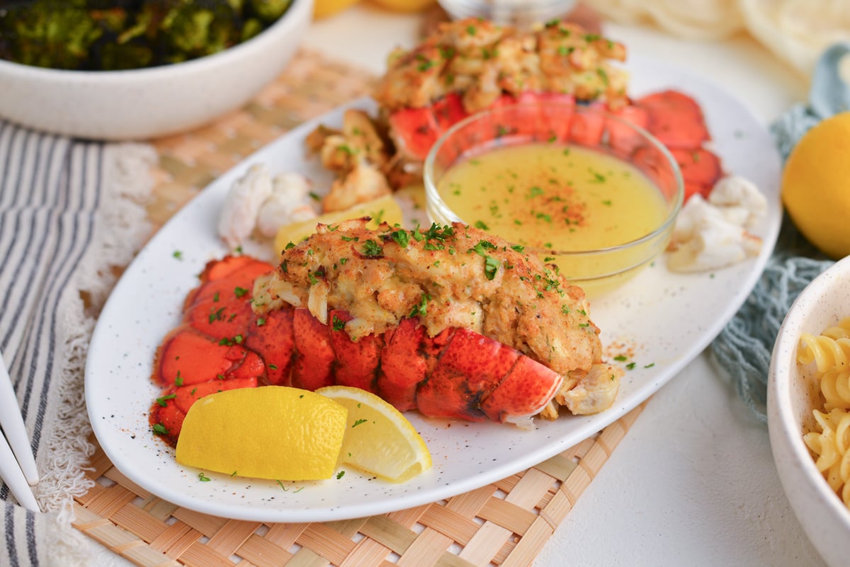 angled shot of platter of stuffed lobster tails