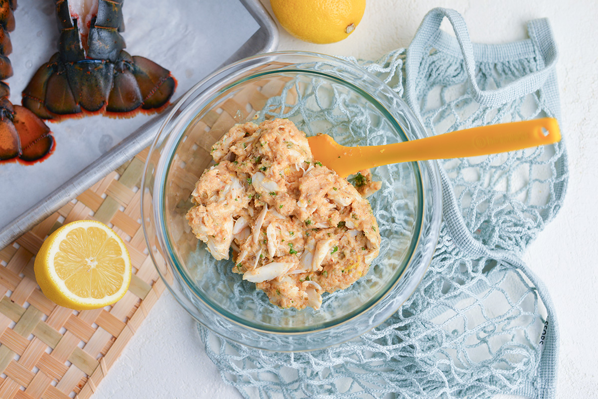 overhead shot of bowl of lobster stuffing