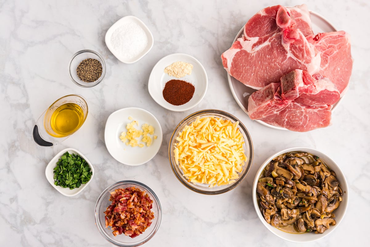 overhead shot of baked stuffed pork chops ingredients
