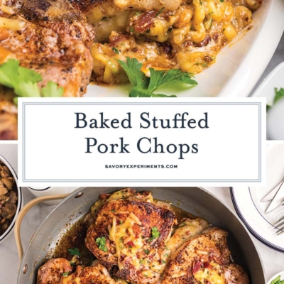 collage of baked stuffed pork chops