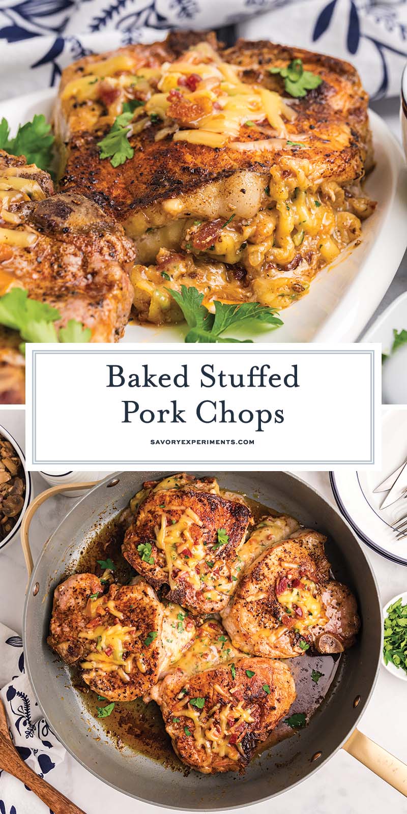 collage of baked stuffed pork chops