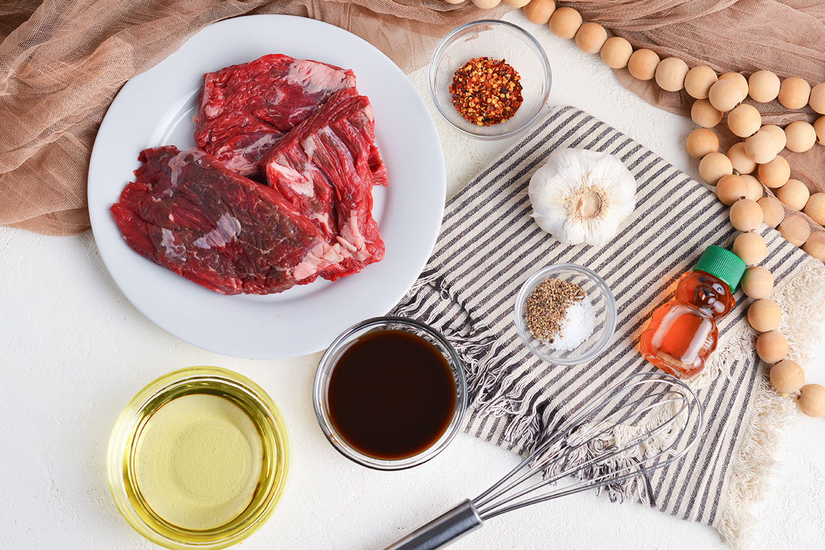 overhead shot of bavette steak ingredients