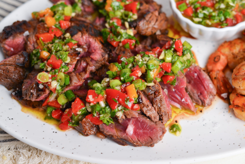 angled shot of bavette steak on plate