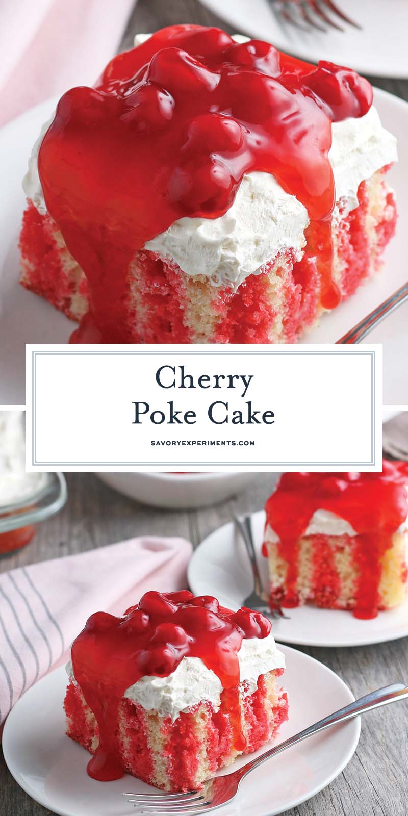 collage of cherry poke cake for pinterest