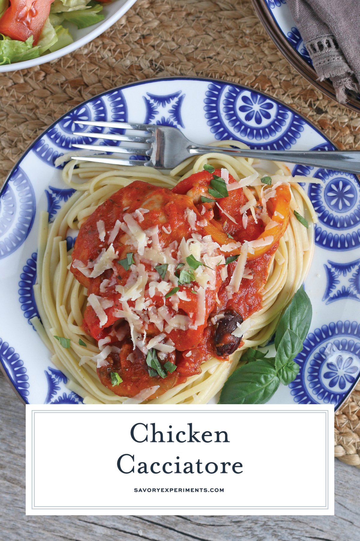 overhead shot of plate of chicken cacciatore with text overlay