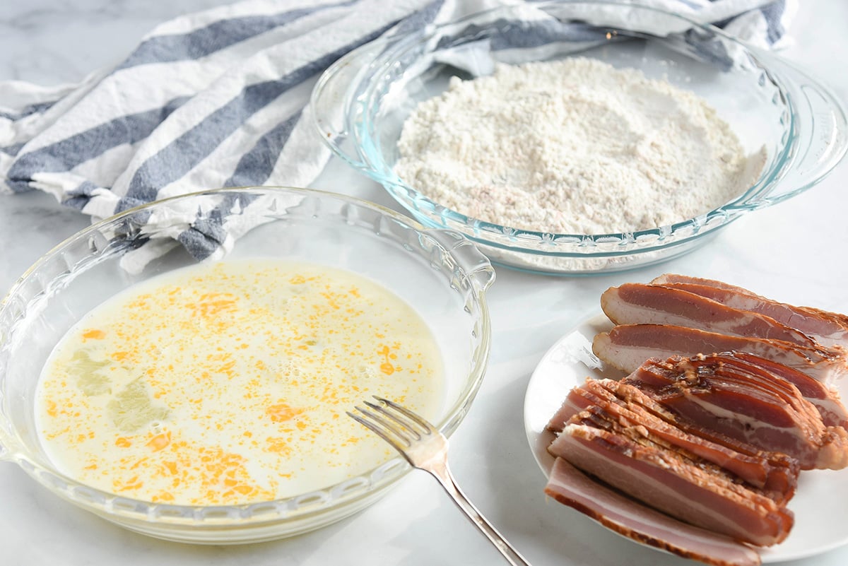 bowl of batter with chicken fried bacon ingredients