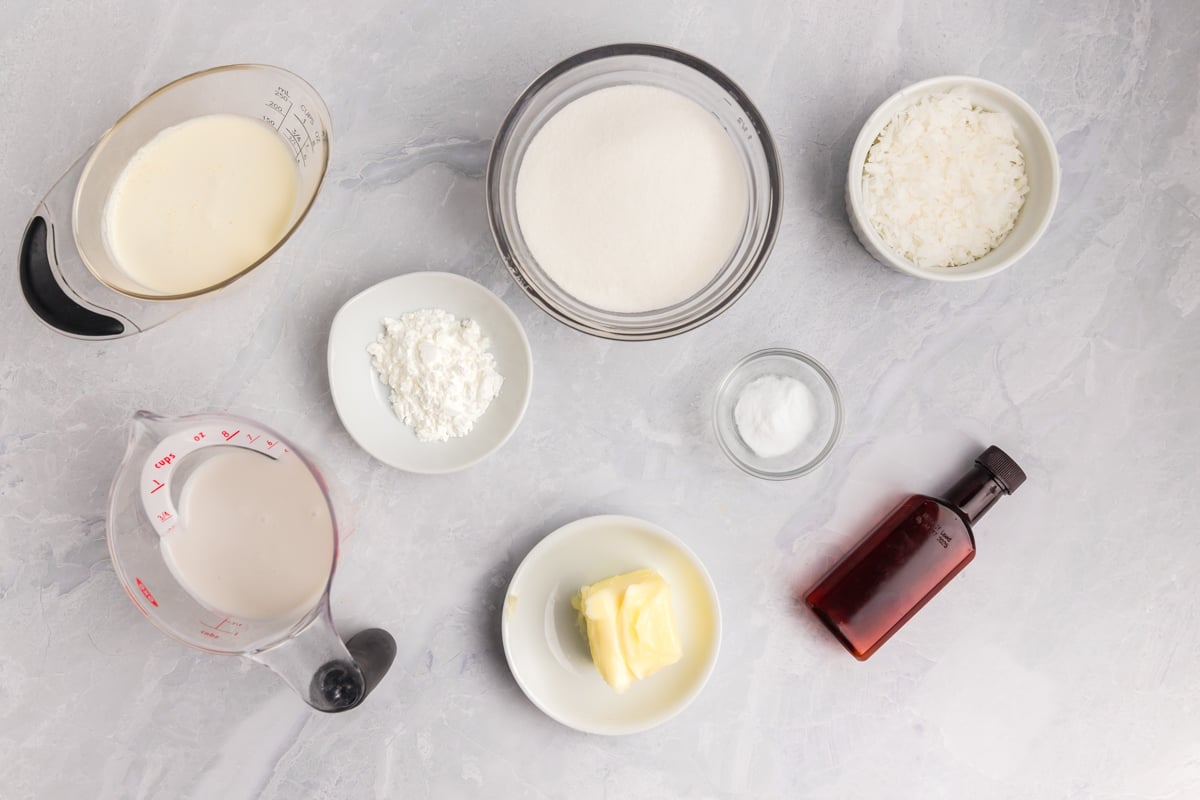 overhead shot of coconut syrup ingredients