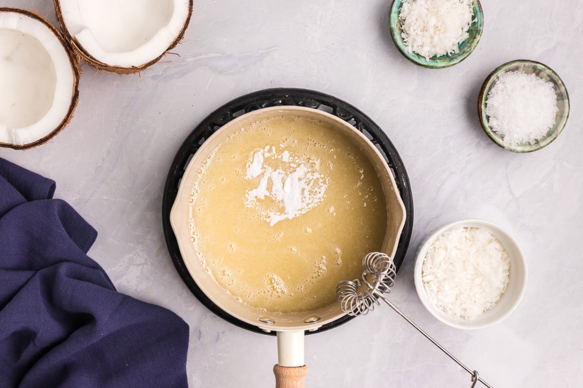 overhead shot of coconut syrup in pan