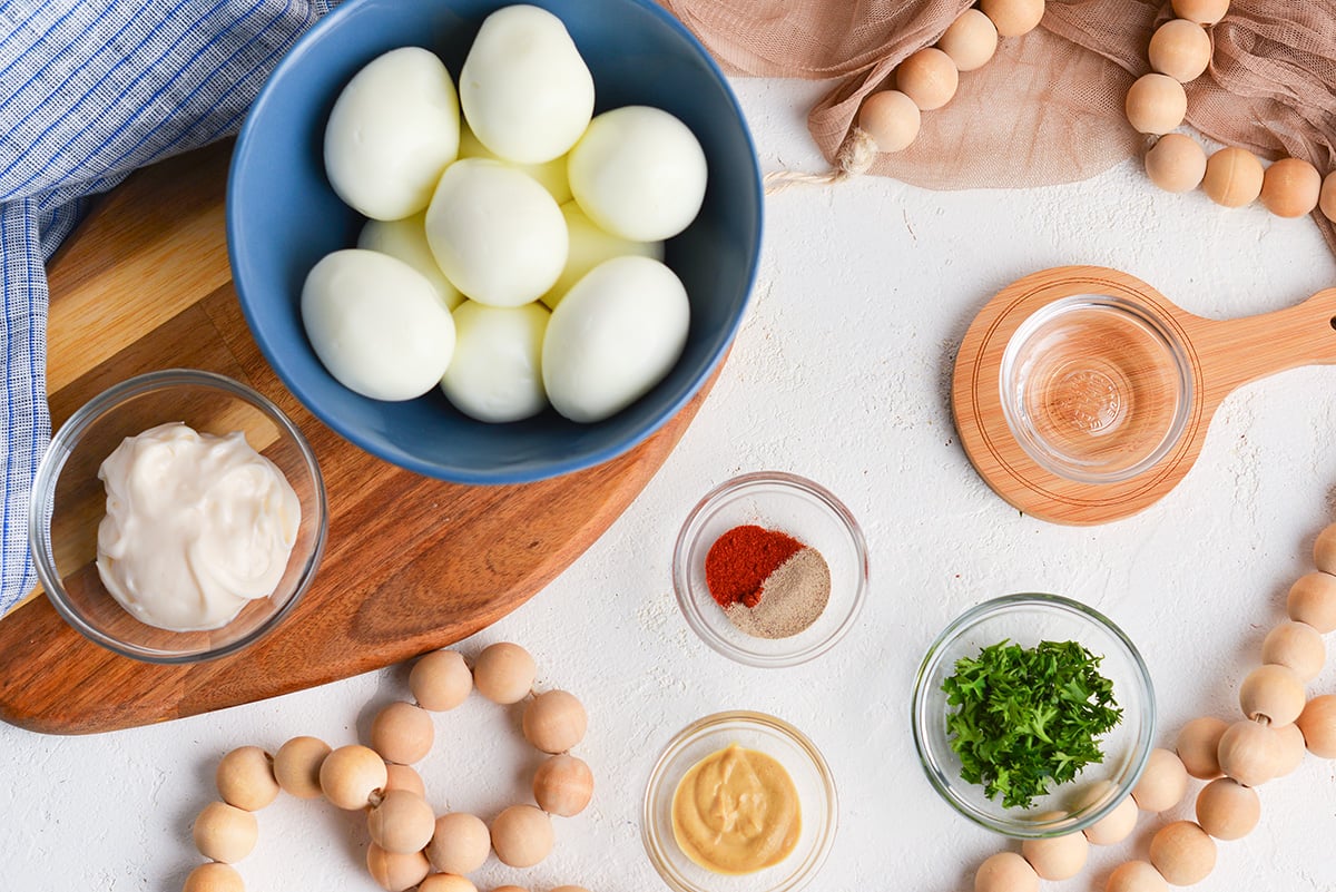 overhead shot of easter deviled eggs ingredients