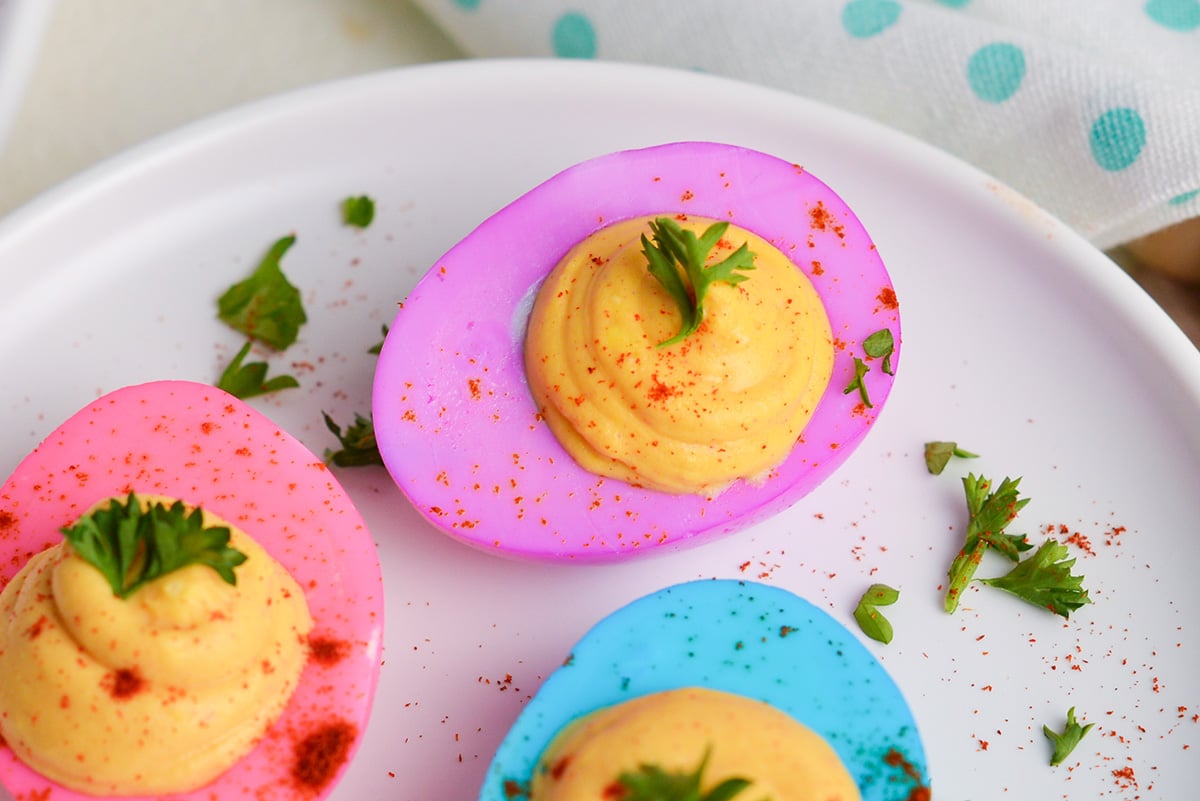 close up of purple deviled egg