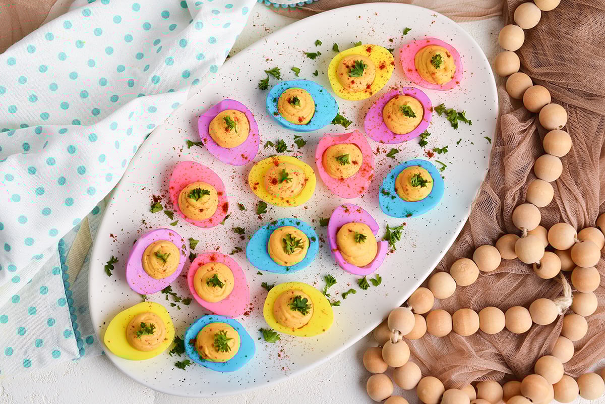 overhead shot of platter of easter deviled eggs