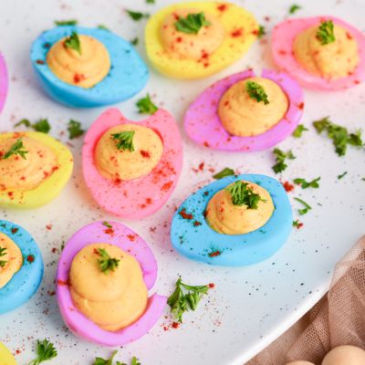angled shot of platter of easter deviled eggs