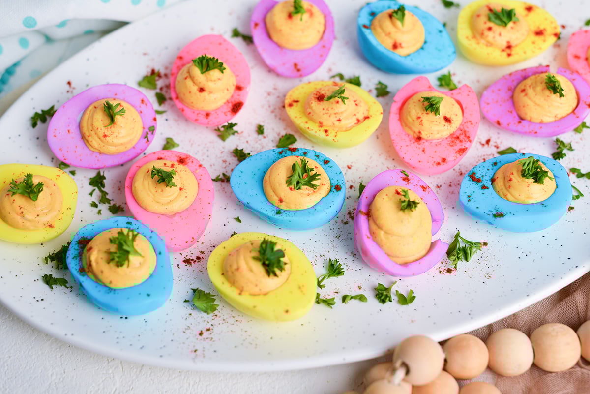 angled shot of easter deviled eggs on a platter