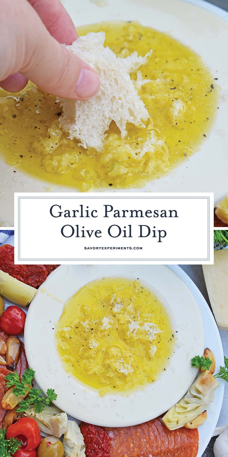 collage of garlic parmesan olive oil bread dip