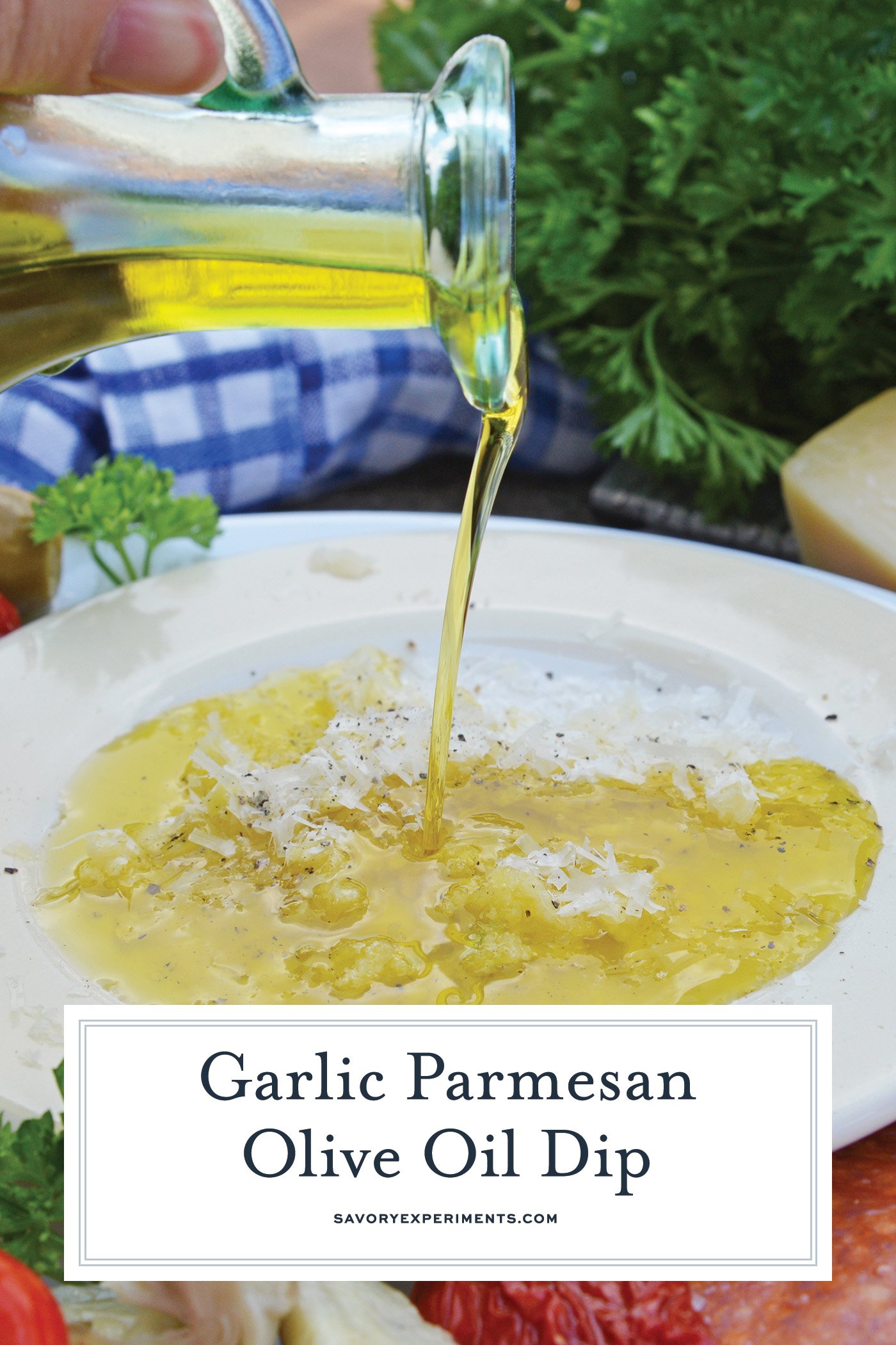 olive oil pouring onto plate of bread dip with text overlay